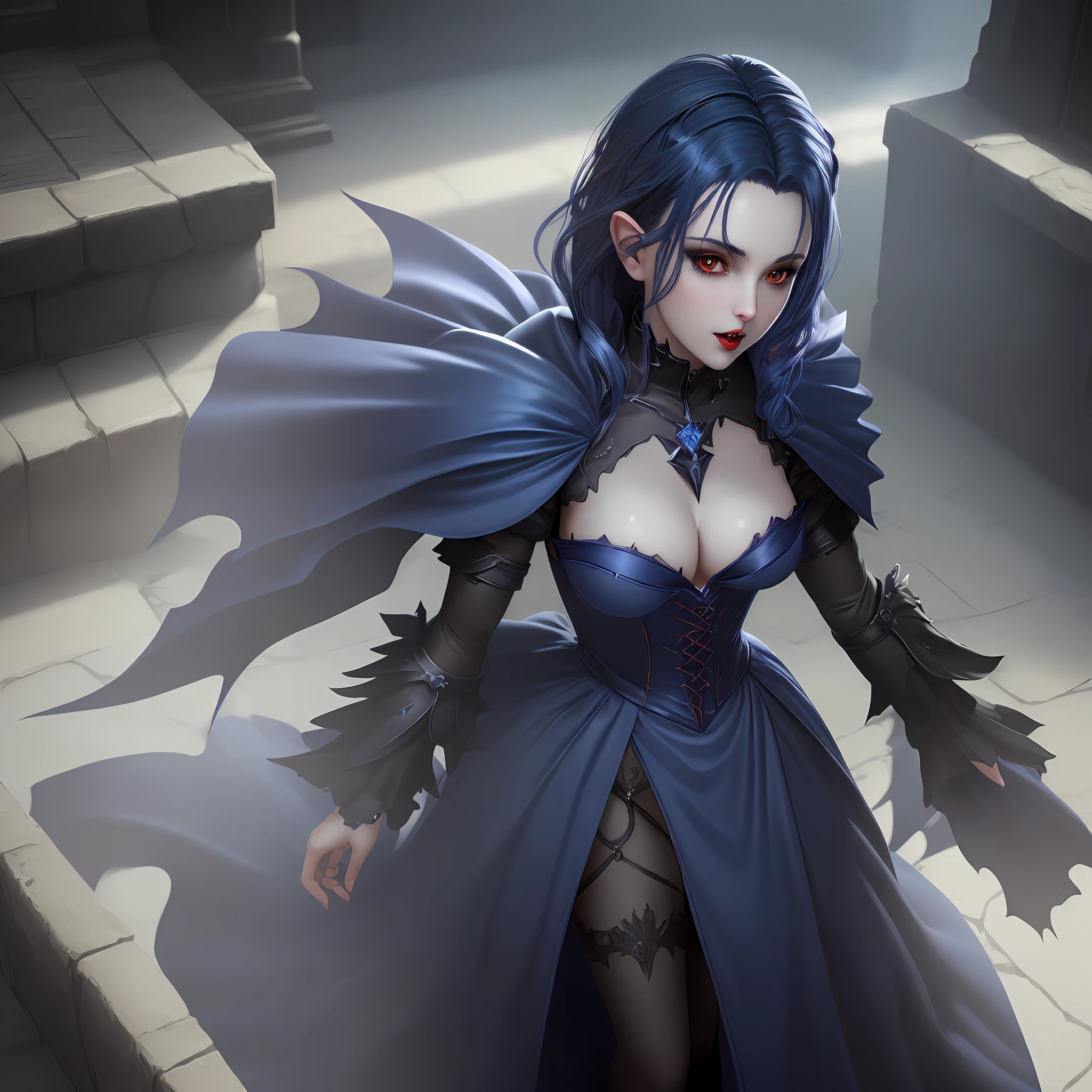 A female y vampire (small breark blue hair), masterpiece, best quality, (extremely detailed unity 8k CG wallpaper), (best quality), (best illustration), (best shadow), absurdities, realistic lighting, (Abyss), beautiful detailed brightness,