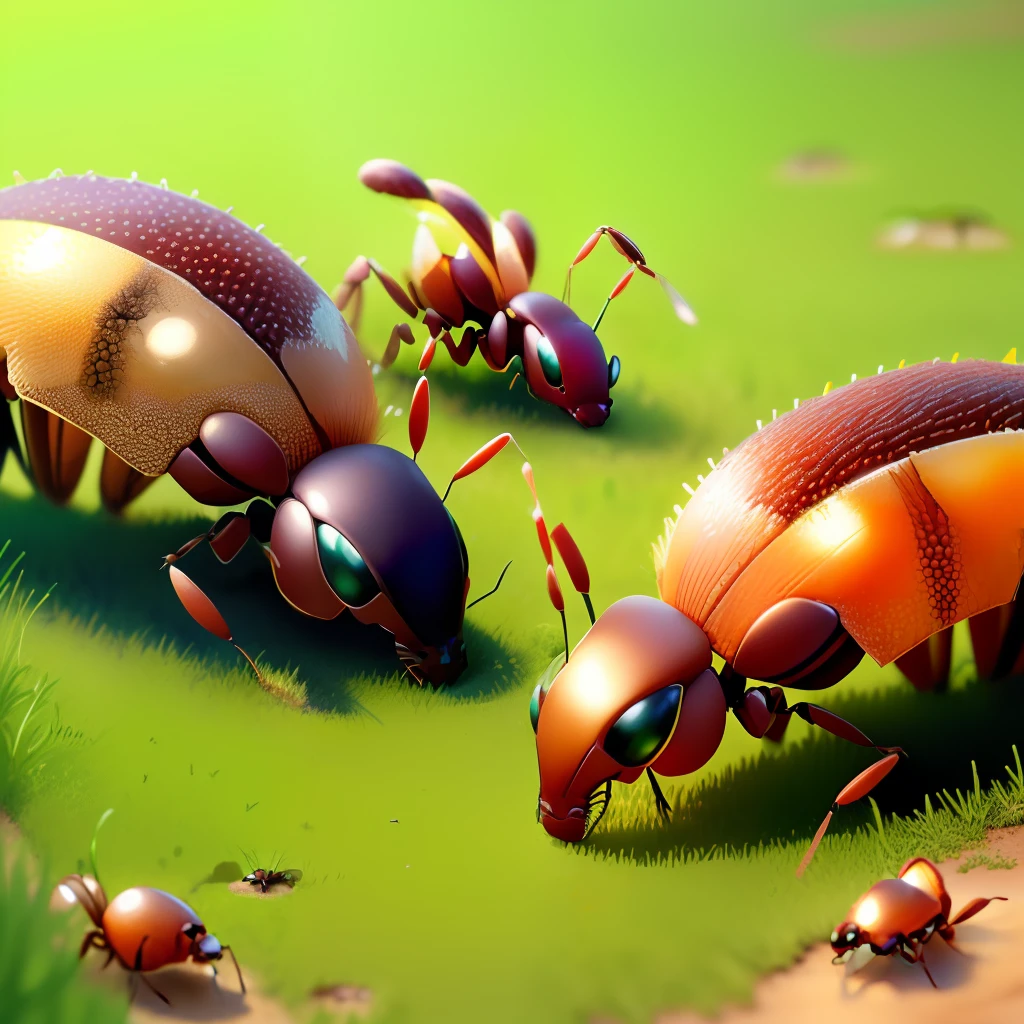 ants protecting anthill on a backyard lawn at various angles, super realistic with bright colors on a sunny day