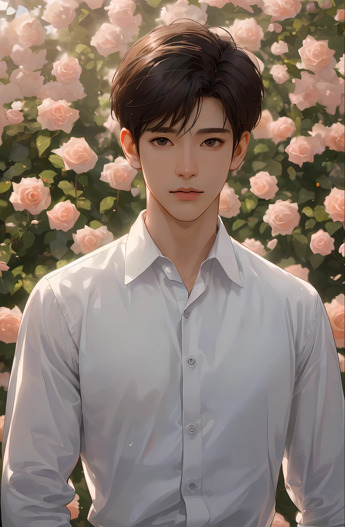 (Realism: 1.4), Best Quality, Masterpiece, Male, Thin, (1man, solo, white loose shirt, black pants,looking at viewer, brown hair, gray eyes, closed mouth, upper body), (rose garden background, spring, glowing sunlight), ( idol face, korean face , sharp eyeline) (male), ( face focus, potrait, cinematic lightning, ),( light spring theme , short hair male)