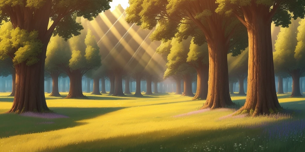 A beautiful meadow, full of freshly grown grass, surrounded by tall and sturdy trees, sunlight shining through the trees, which gives a unique feeling, Cartoon, High quality, super detail, 16k