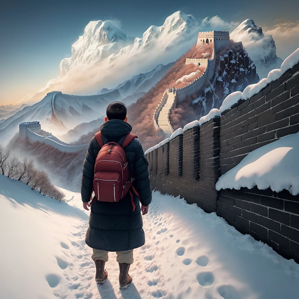 The Great Wall ,a man stands at the beginning of the screen with its arms outstretched and its back facing the screen, carrying an OIWAS backpack on its back. It occupies the center of the screen, leaving half of the space above, and the Great Wall extends into the distance. In winter, it snows.
