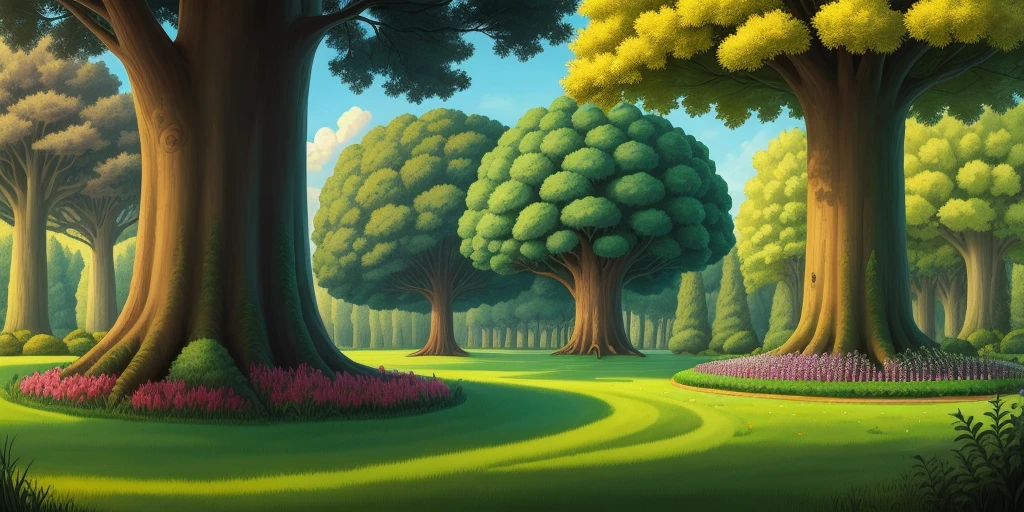 Beautiful lawn, surrounded by tall and sturdy trees, Cartoon, High quality, super detail, 16k