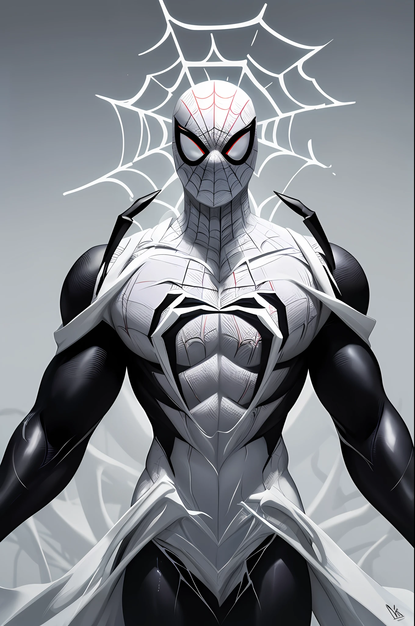 Spider Man in a black suit with spider in the center of his chest in white, organic looking outfit, testura gooey symbiote covering everything, white eyes, fine art, PS5 cinematic screenshot,highly detailed detailed cinematic rendering, ultra photorealistic raytricing, with cinematic lighting