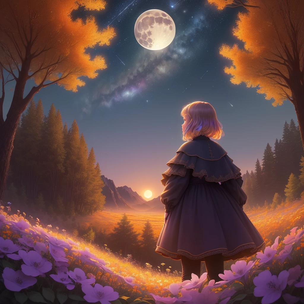Expansive landscape photograph, (view from below with a view of the sky and wilderness below), little girl standing in a flower field looking up, (full moon: 1.2), (shooting star: 0.9), (nebula: 1.3), distant mountain, tree break production art, (warm light source: 1.2), (firefly: 1.2), lamp, purple and orange, intricate detail, volume lighting, realism break (masterpiece: 1.2) (Best Quality), 4K, Ultra-Detailed, (Dynamic Configuration: 1.4), Highly Detailed and Colorful Details, (Iridescent Colors: 1.2), (Glowing Lighting, Atmospheric Lighting), Dreamy, Magical, (Solo: 1.2)