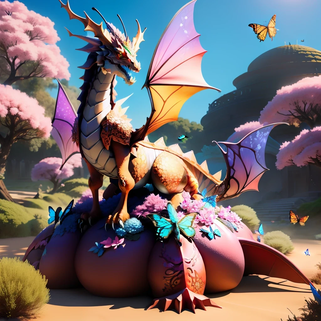fantasy, 3 D, sakura, colorful diamond dragon on anthill surrounded by butterflies