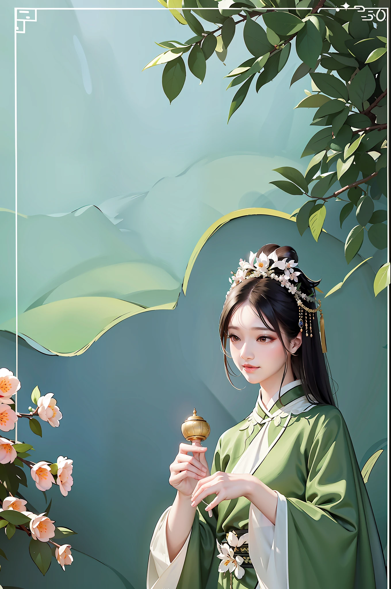 An ancient Chinese beauty standing under an osmanthus tree, charming temperament, flowing long skirt, clear face, beautiful eyes, osmanthus falling, masterpiece, super detailed, epic composition, super HD, high quality, extremely detailed, official art, unified 8k wallpaper, super detailed, 32k --v 6