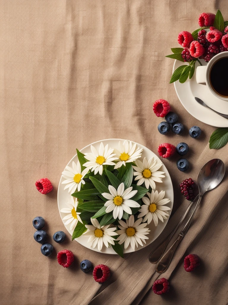 (masterpiece,best quality,highres,ultra_detailed:1.2),
simple background, still life, flowers,rule of thirds,
coffee,dessert,cream,berries,cloth