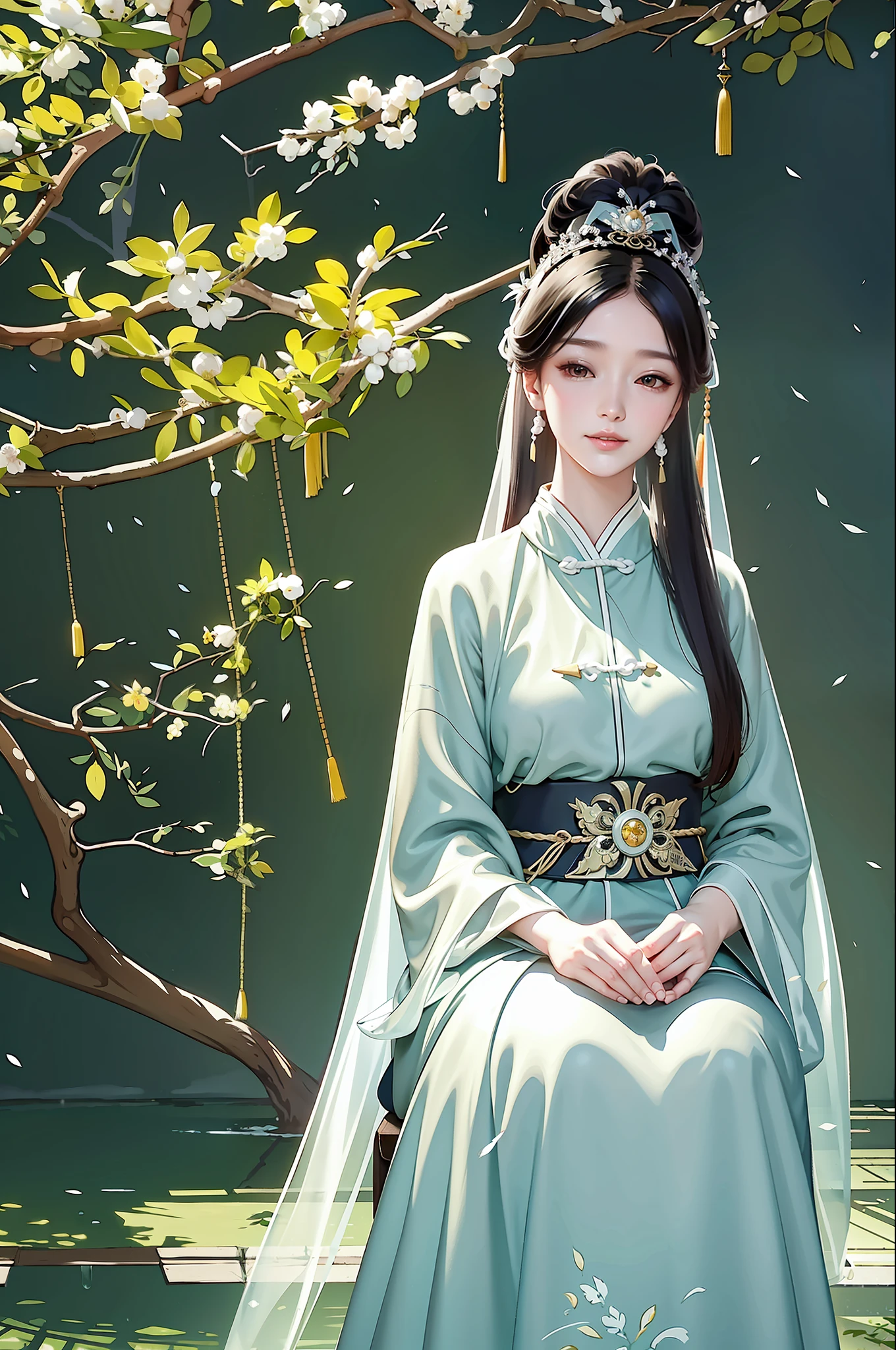 An ancient Chinese beauty standing under an osmanthus tree, charming temperament, flowing long skirt, clear face, beautiful eyes, osmanthus falling, masterpiece, super detailed, epic composition, super HD, high quality, extremely detailed, official art, unified 8k wallpaper, super detailed, 32k --v 6