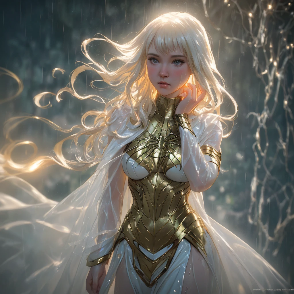 Golden and white, Spider-Man, drip costumes, heavy rain, magic, highly detailed, ArtStation trends, Unreal Engine 4K, cinematic wallpapers by Stanley Artgerm Lau, WLOP, RossDraws, James Jean, Andrei Riabovitchev, Marc Simonetti, Yoshitaka Amano. Background by Jean and Gustav Klimt, light by Julie Bell, 4k, porcelain skin, zdislaw beksinski style, detail, 8k, dynamic lighting, white chromatic aberration, soaking wet