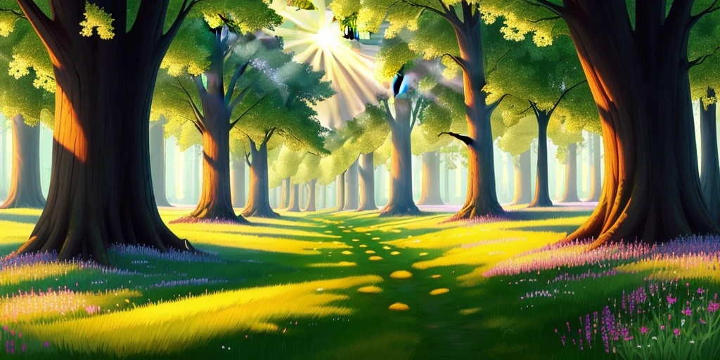A beautiful meadow, full of freshly grown grass, surrounded by tall and sturdy trees, sunlight shining through the trees, which gives a unique feeling, Cartoon, High quality, super detail, 16k