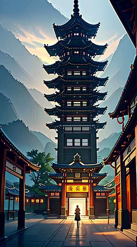(High resolution, distinct_image), modern anime style, there is a woman standing in front of a building with benches, Taoist temple and monks, Chinese temple, Chinese temple, Buddhist temple, Huangshan Taoist temple, mysterious temple, temple, Tang Dynasty palace, Chinese architecture, by Shen Zhezai, from inside the temple, temple, shaved temple, Chinese architecture