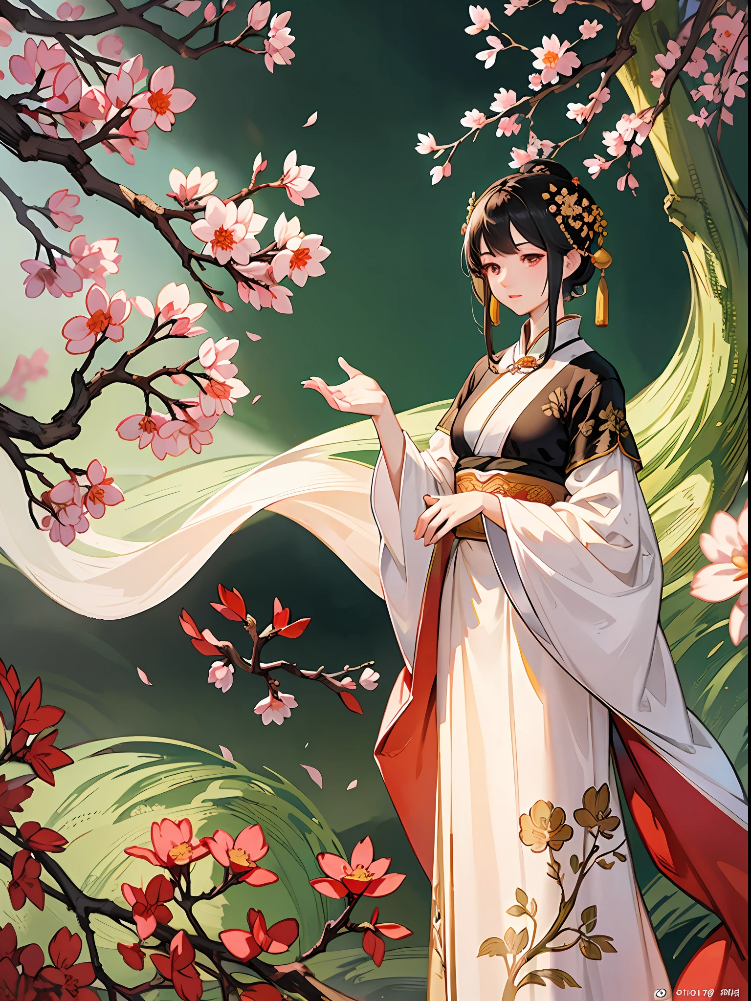 An ancient Chinese beauty standing under an osmanthus tree, charming temperament, flowing long skirt, clear face, beautiful eyes, osmanthus falling, masterpiece, super detailed, epic composition, super HD, high quality, extremely detailed, official art, unified 8k wallpaper, super detailed, 32k --v 6