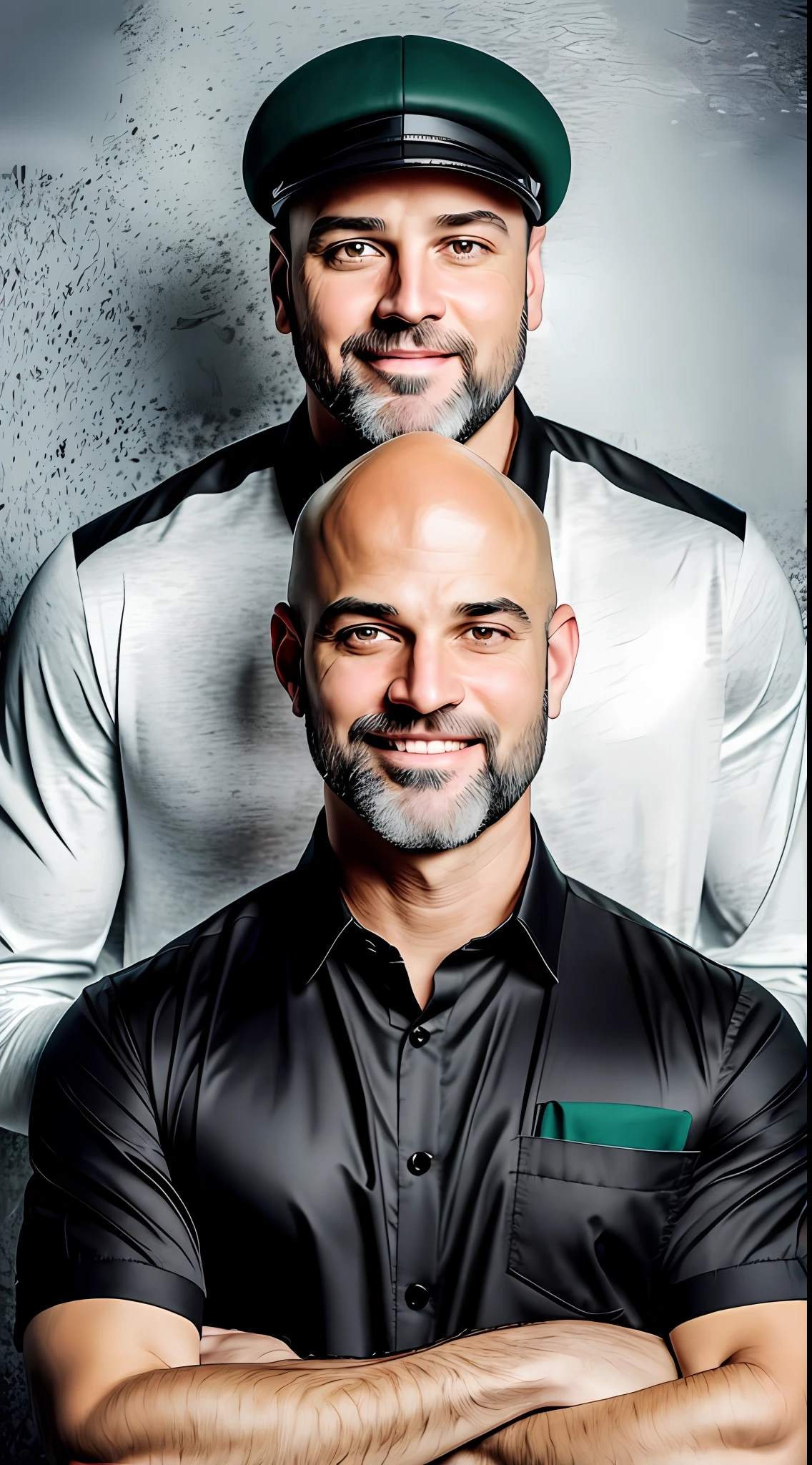 Best quality, realistic, award-winning illustration, (complicated detail: 1.2), (fine detail), (complicated detail), (cinematic lights, best quality), sharp lines, sharp focus, official art, 16k, on a white background, (A man with a smiling face: 1.3), a playful young boss, there is a man with a bald head and beard, (bald short-beard: 1.3), bald head and smiling look, no beard and mustache, about 35 years, (38 years), men of 45 years, without completely bald hair, (short goatee: 1.3), (face with fine details of wrinkles: 1.2), (details of the aged face: 1.2), (without beard: 1.3), pronounced masculine feature, flirting with the camera. wearing black apron uniform with green, wearing cap, black cap and green details, wearing jeans, man posing for a photo, holding a huge can of creamy dulce de leche, dulce de leche pouring, splattering dulce de leche, explosion dulce de leche, all-white background, headshot profile picture, posing for a photo.