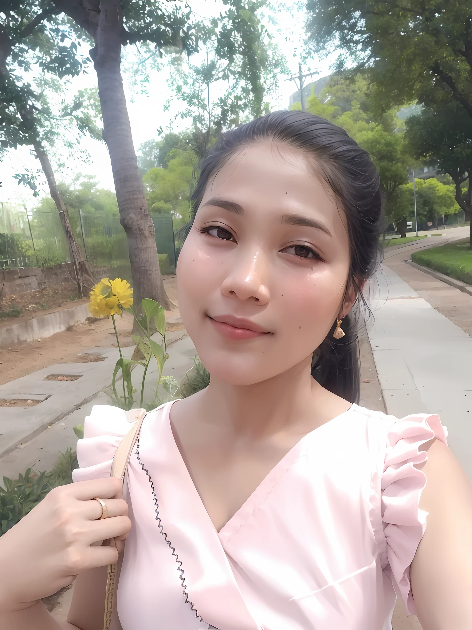 there is a woman that is standing in the street with a flower, nivanh chanthara, dang my linh, a young asian woman, south east asian with round face, in a park, vietnamese woman, 30 years old woman, mai anh tran, 3 0 years old woman, 2 , 2 8 years oldoto