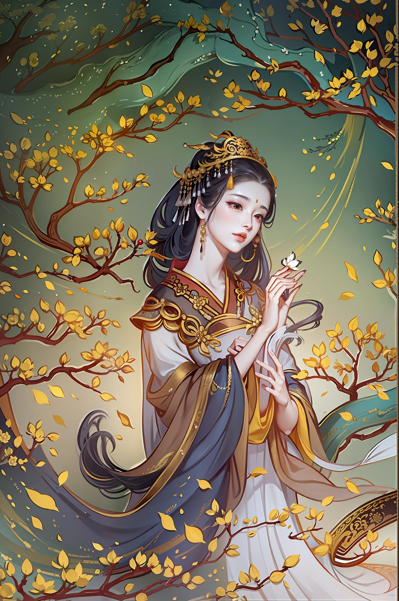 An ancient Chinese beauty standing under an osmanthus tree, charming temperament, flowing long skirt, clear face, beautiful eyes, osmanthus falling, masterpiece, super detailed, epic composition, super HD, high quality, extremely detailed, official art, unified 8k wallpaper, super detailed, 32k --v 6