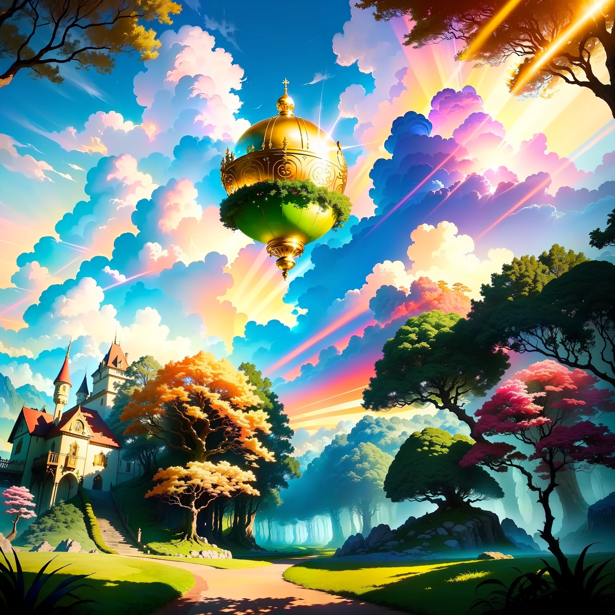 (fantastic world), a world full of wonder and magic, where anything is possible. The colors are bright and vivid, with a playful and whimsical feel. (Fairy tale characters) dance and play in the lush (forest) with (fluffy clouds) floating overhead. The scene is bathed in (warm, golden light) emanating from a (glowing sun) on the horizon. The overall effect is dreamy and enchanted, inviting the viewer to step into this magical realm.
