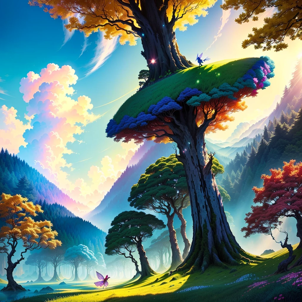 (fantastic world), a world full of wonder and magic, where anything is possible. The colors are bright and vivid, with a playful and whimsical feel. (Fairy tale characters) dance and play in the lush (forest) with (fluffy clouds) floating overhead. The scene is bathed in (warm, golden light) emanating from a (glowing sun) on the horizon. The overall effect is dreamy and enchanted, inviting the viewer to step into this magical realm.