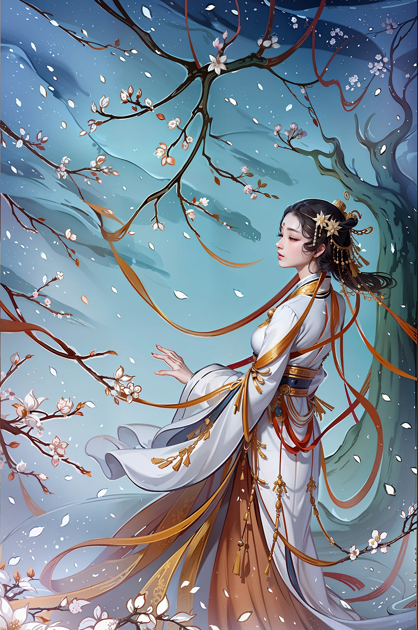 An ancient Chinese beauty standing under an osmanthus tree, charming temperament, flowing long skirt, clear face, beautiful eyes, osmanthus falling, masterpiece, super detailed, epic composition, super HD, high quality, extremely detailed, official art, unified 8k wallpaper, super detailed, 32k --v 6