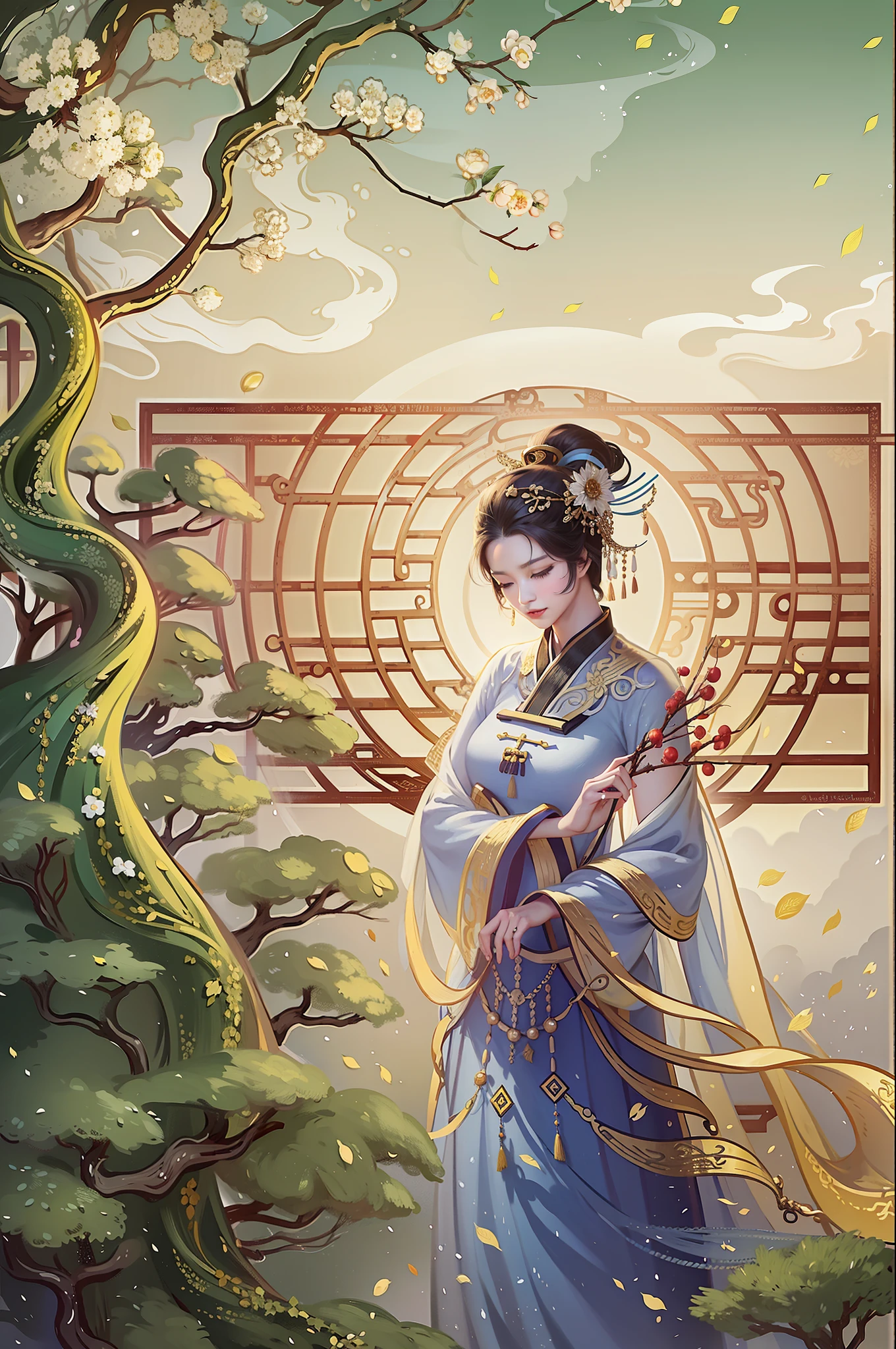 An ancient Chinese beauty standing under an osmanthus tree, charming temperament, flowing long skirt, clear face, beautiful eyes, osmanthus falling, masterpiece, super detailed, epic composition, super HD, high quality, extremely detailed, official art, unified 8k wallpaper, super detailed, 32k --v 6