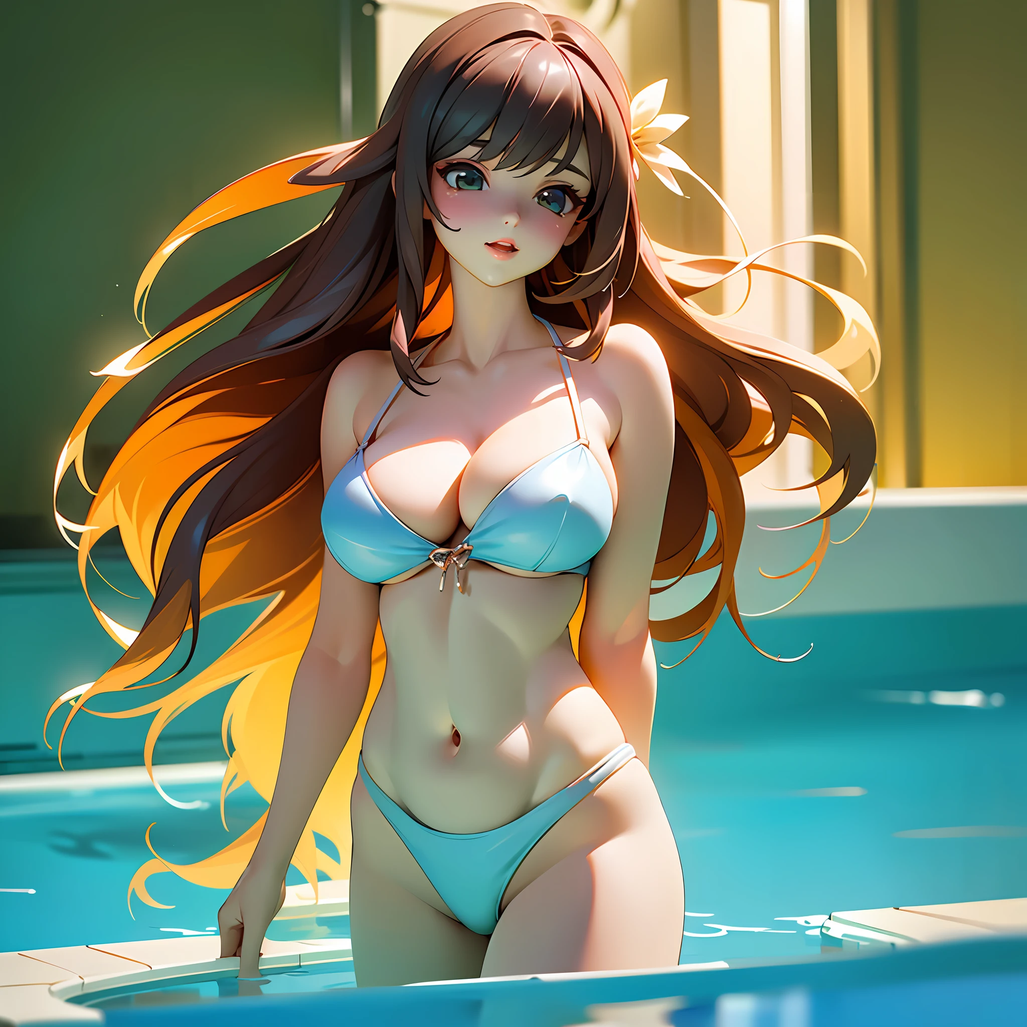 ((Best quality, masterpiece, exquisite detail, ), (Best shadow, best light, delicate and beautiful, highly saturated), (Pool, long hair), (cleavage, feminine, exposed), (), (Gossip shot), )