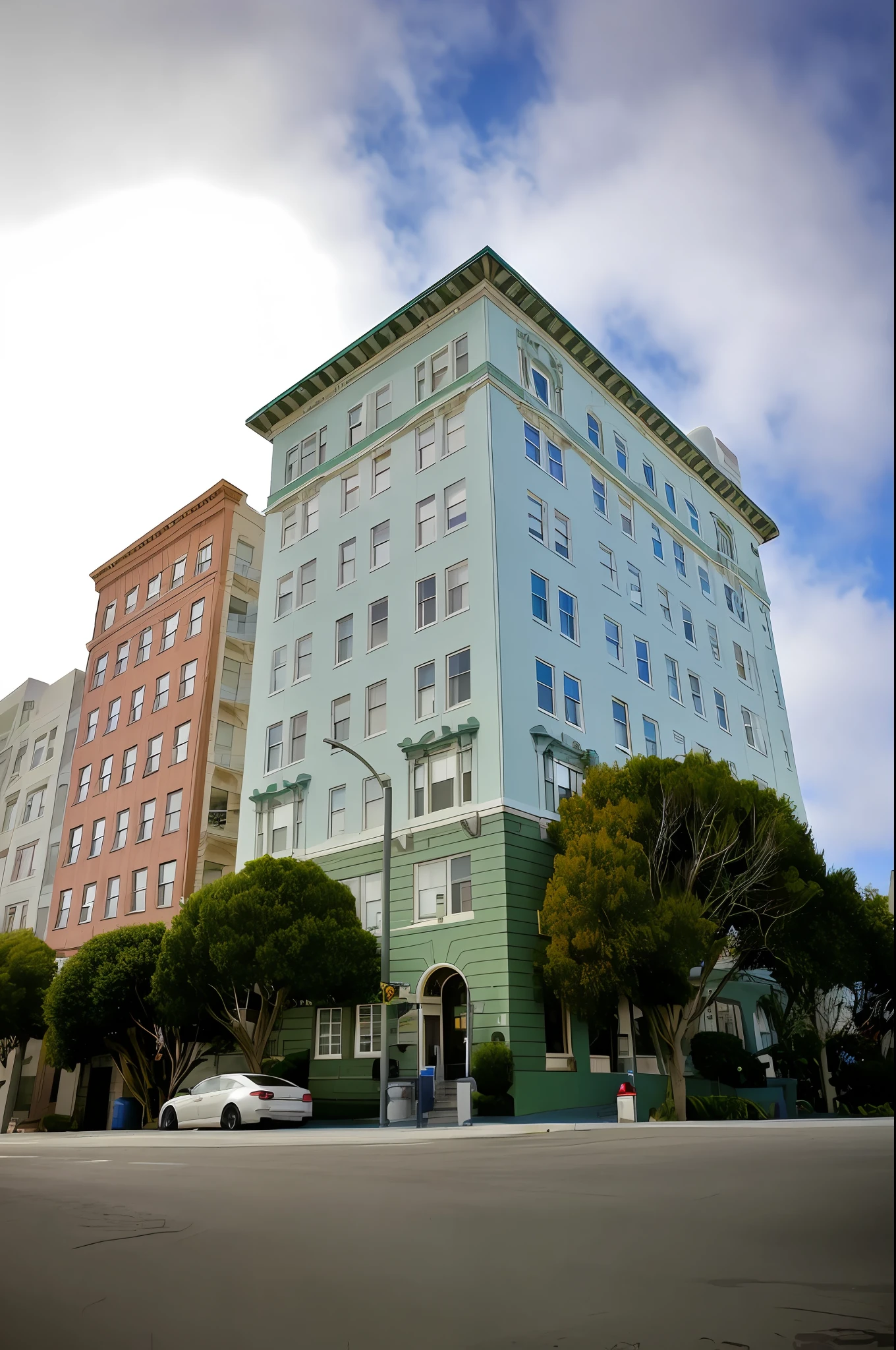 there is a car parked in front of a building on a street, 1 3 3 4 building, full building, art deco office buildings, postprocessed, building facing, multistory building, art deco buildings, san francisco, photograph of san francisco, 3 4 5 3 1, colorful building, view from across the street, brightly colored buildings, exterior view, residential