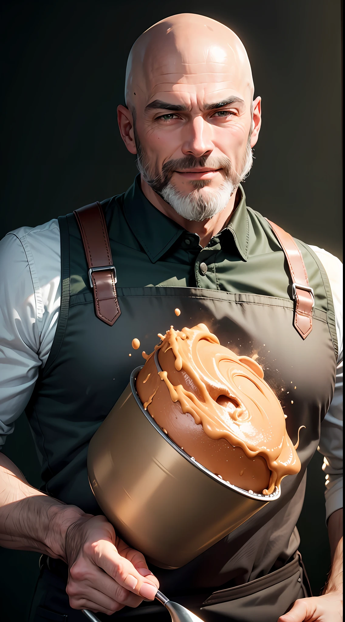 Best quality, realistic, award-winning illustration, (complicated detail: 1.2), (fine detail), (complicated detail), (cinematic lights, best quality), sharp lines, sharp focus, official art, 16k, on a white background, (A man with a smiling face: 1.3), a playful young boss, there is a man with a bald head and beard, (bald short-beard: 1.3), bald head and smiling look, no beard and mustache,  about 35 years, (38 years), men of 45 years, without completely bald hair, (short goatee: 1.3), (face with fine details of wrinkles: 1.2), (details of the aged face: 1.2), (without beard: 1.3), pronounced masculine feature, flirting with the camera. wearing black apron uniform with green, wearing cap, black cap and green details, wearing jeans, man posing for a photo, holding a huge can of creamy dulce de leche, dulce de leche pouring, splattering dulce de leche, explosion dulce de leche, all-white background, headshot profile picture, posing for a photo.