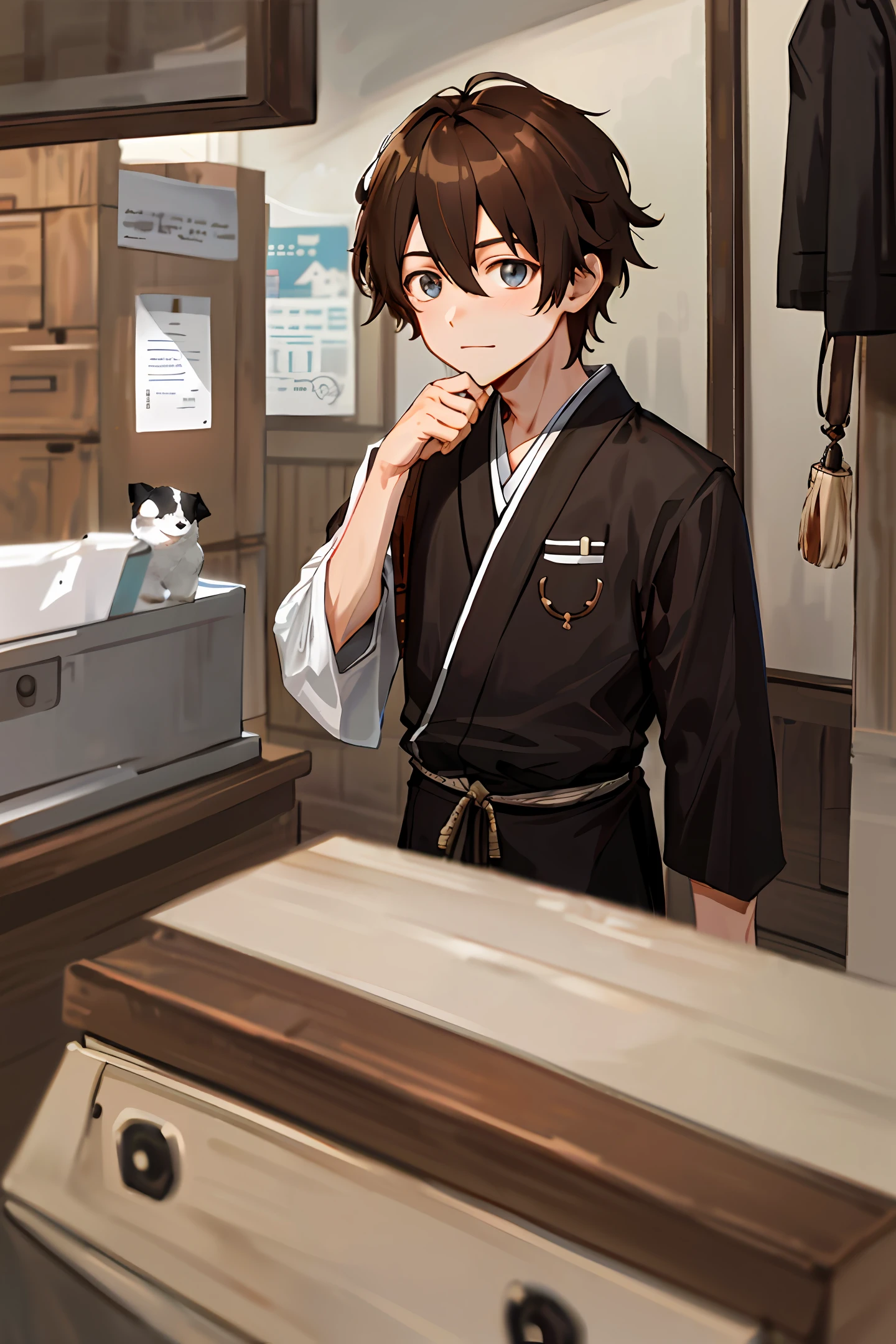 male in a white school uniform,15 years old,anime style ,black hair ,blue eyes,sword in his hands,