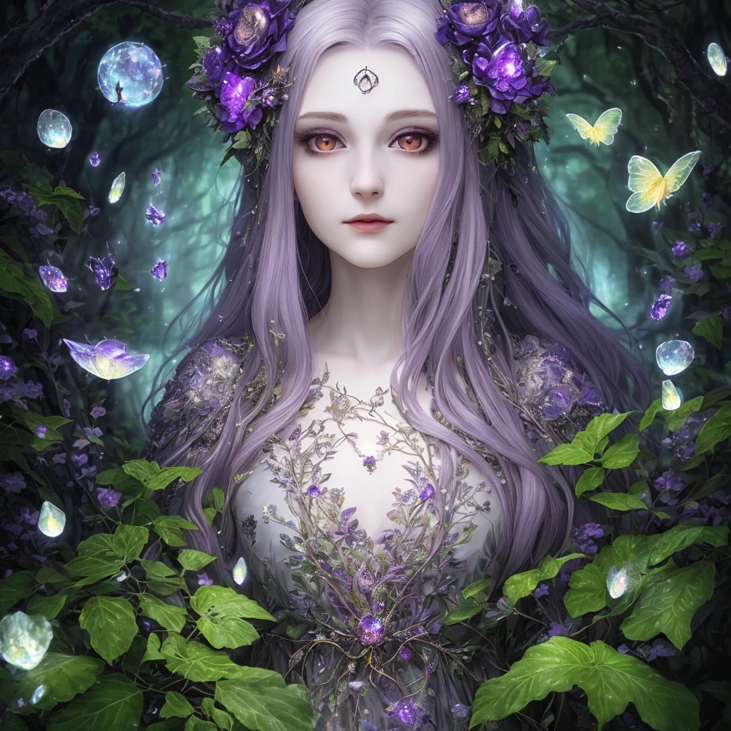 Maiden Rosen, (masterpiece, best quality), (illustration), strange lush forest of mycosis, transparent viscosity, caustics, crystals, close-up, intricate details, dark background, bright spores, rainbow crystals, dark. Movie night lighting, nature, high resolution, Magic night forest, forest guardian, magical forest witch, bright red eyes, faun's ears, long purple and gray hair, pale skin, beautiful face, fine features, portrait, front view, a head, 3 eyes, magic glitters, magic and Fireflies around.