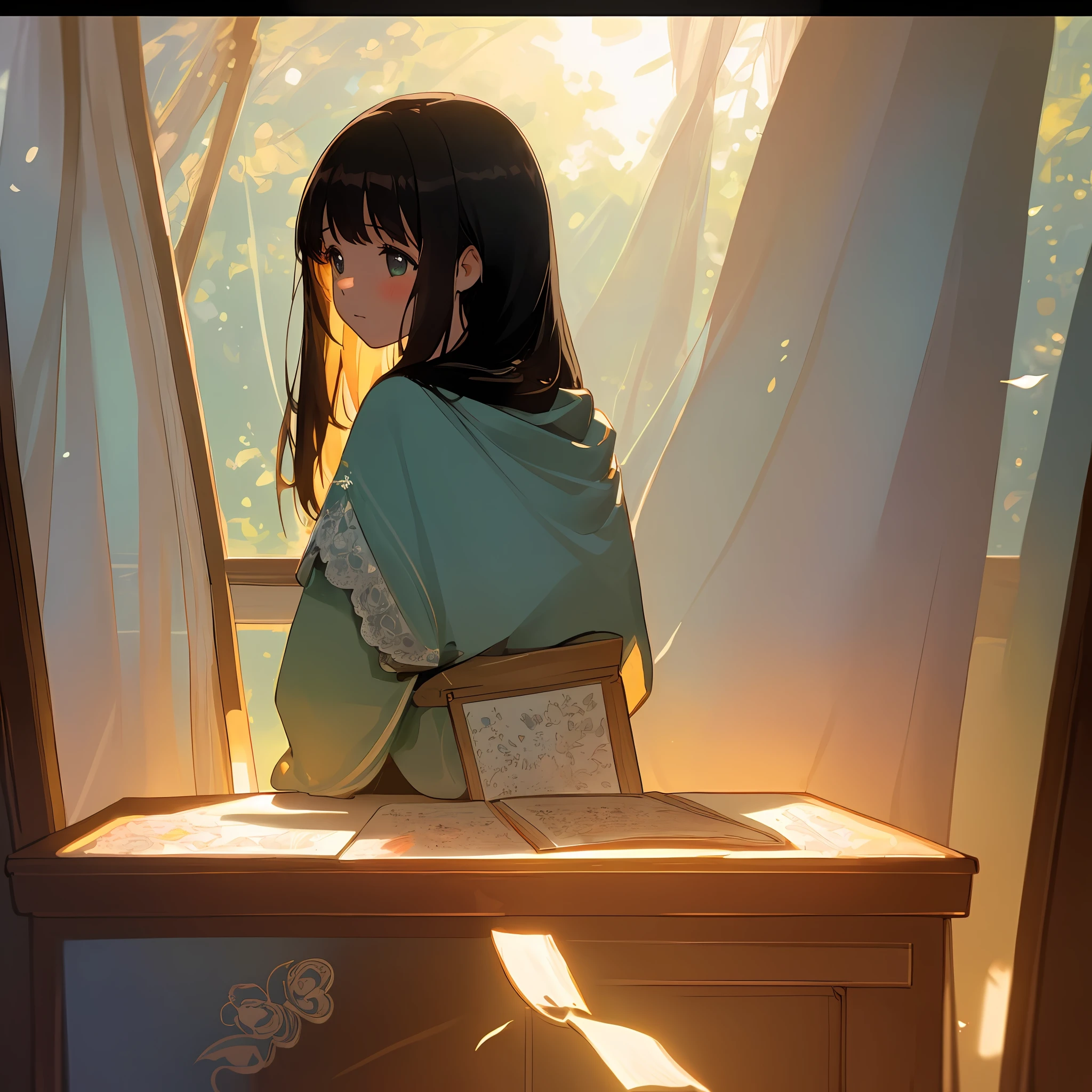 ((masterpiece)),((best quality), 8k, high detailed, ultra-detailed), A girl sitting in a brightly lit classroom. The sun's rays create a beautiful play of light and shadows on the polished wooden floor. The girl, with her long black hair cascading down her back, is engrossed in her book, her face illuminated by the soft glow of the desk lamp. In the background, colorful posters adorn the walls, showcasing inspiring quotes and educational images. The windows, framed with delicate lace curtains, offer a glimpse of a serene garden outside, with vibrant flowers in full bloom. The air is filled with the faint scent of freshly sharpened pencils and the soft rustling of pages as the girl turns them.