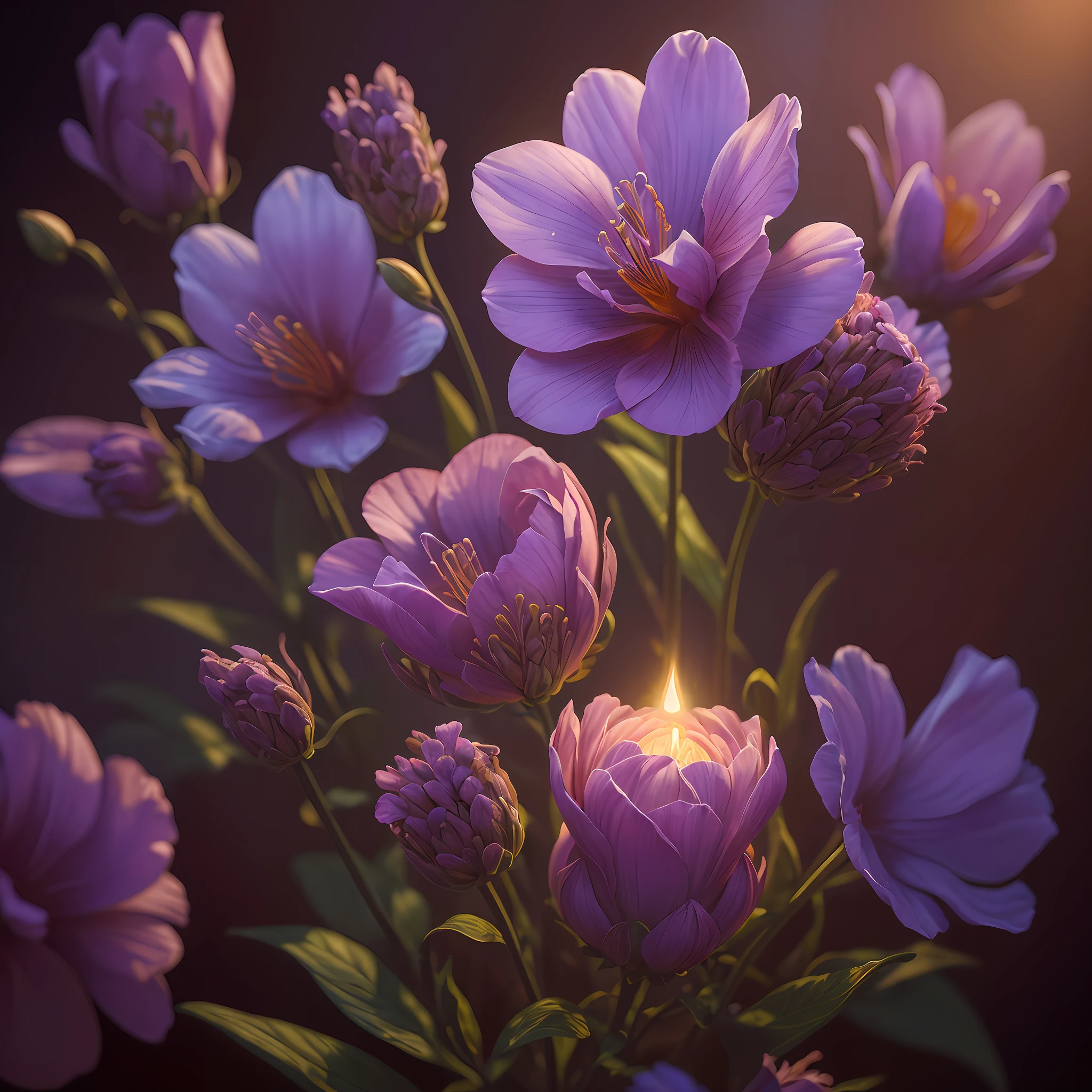 A flower by Casey Weldon, Olga Kvasha, Miho Hirano, hyperdetailed intricately detailed gothic art trending on Artstation triadic colors Unreal Engine 5 detailed matte painting, deep color, fantastical, intricate detail, splash screen, complementary colors, fantasy concept art, 8k resolution, gothic deviantart masterpiece, (dark shot:0.9), art by greg rutkowski and artgerm, soft cinematic light, adobe lightroom, photolab, hdr, intricate, highly detailed, lavender