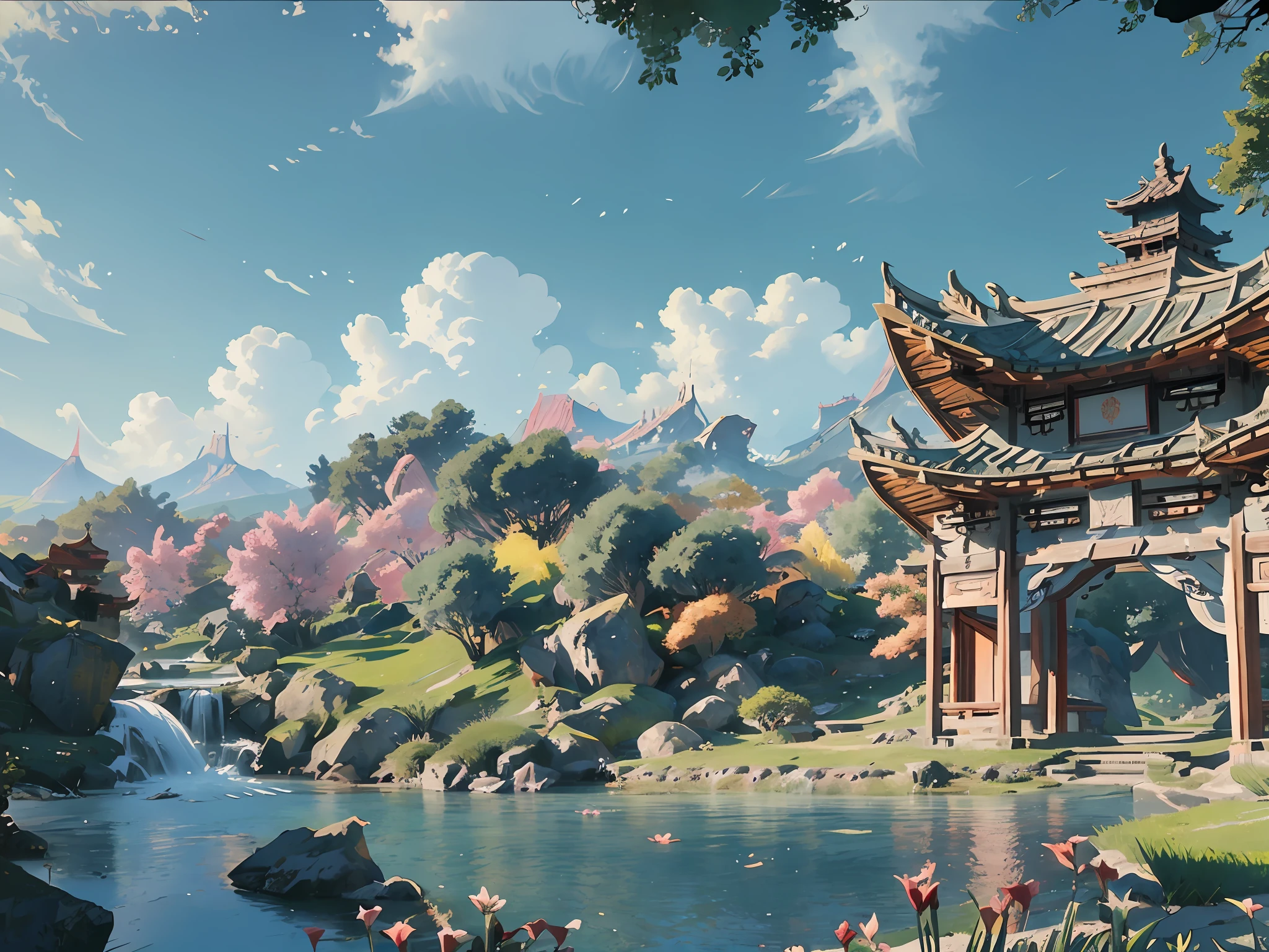 ( ( Top view, high angle view, Focal point composition) ) , Sunset Gradient, moonlit night, halo, beautiful light, beautiful play of shadow, light effects, Autumn, Ancient Chinese architecture, many raditional Chinese architecture on a floating island, there are many scattered buildings on the high mountain, ( huge Taoist incense burner, Sending out exquisite and beautiful magical effects) , waterfall cascading from the island, a vast sea of clouds, spectacular waterfalls, group of buildings, lanterns and sky lanterns floating in the air, high mountains, starry skies, soft color, refreshing, beautiful, Chinese landscape painting, cinematic lighting, high detail, (close-up), (chiaroscuro),fine facial details,cinematic lighting, (depth of field), UHD,--v6
