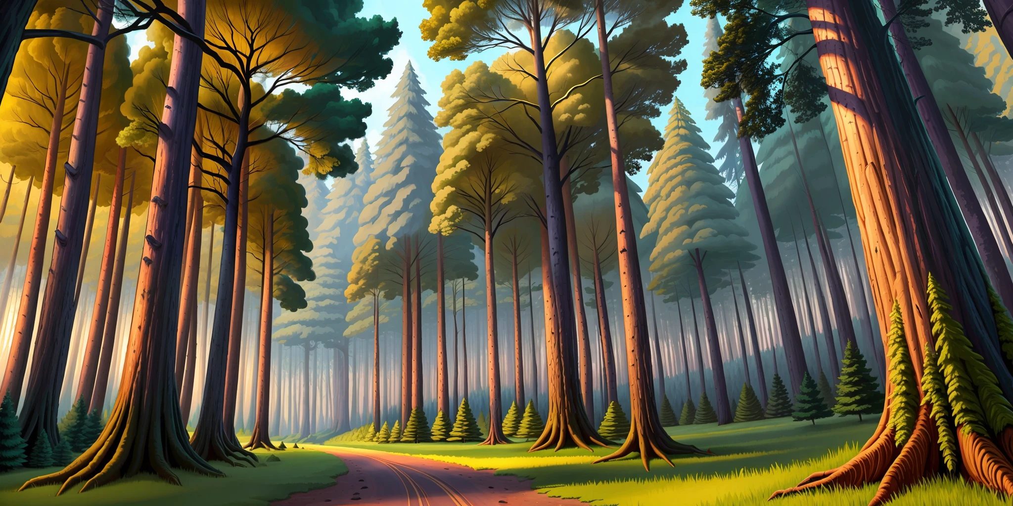 A beautiful forest with tall trees, Cartoon, High quality, super detail, 16k