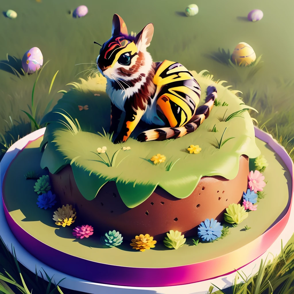 Realistic. Easter cake-shaped anthill with green grass at the top. Small flowers look like candy scattered in the grass. On the edge of an anthill sits a butterfly