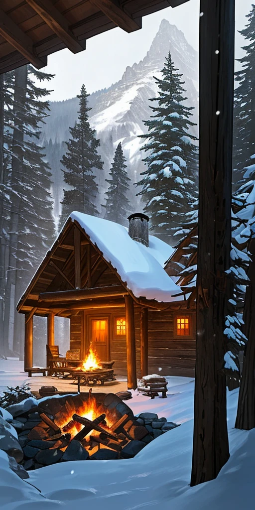 A composition of a cozy, rustic cabin nestled in a snowy mountain valley, surrounded by a forest of tall evergreens. The cabin is made of dark, weathered wood, with a smoking chimney and a warm light emanating from the windows. A small creek runs nearby, and a wooden bridge crosses over it. The snow-covered mountains loom in the background, with their jagged peaks visible in the distance. The overall atmosphere is one of comfort and tranquility, inviting the viewer to imagine curling up by the fire with a good book and a warm drink.