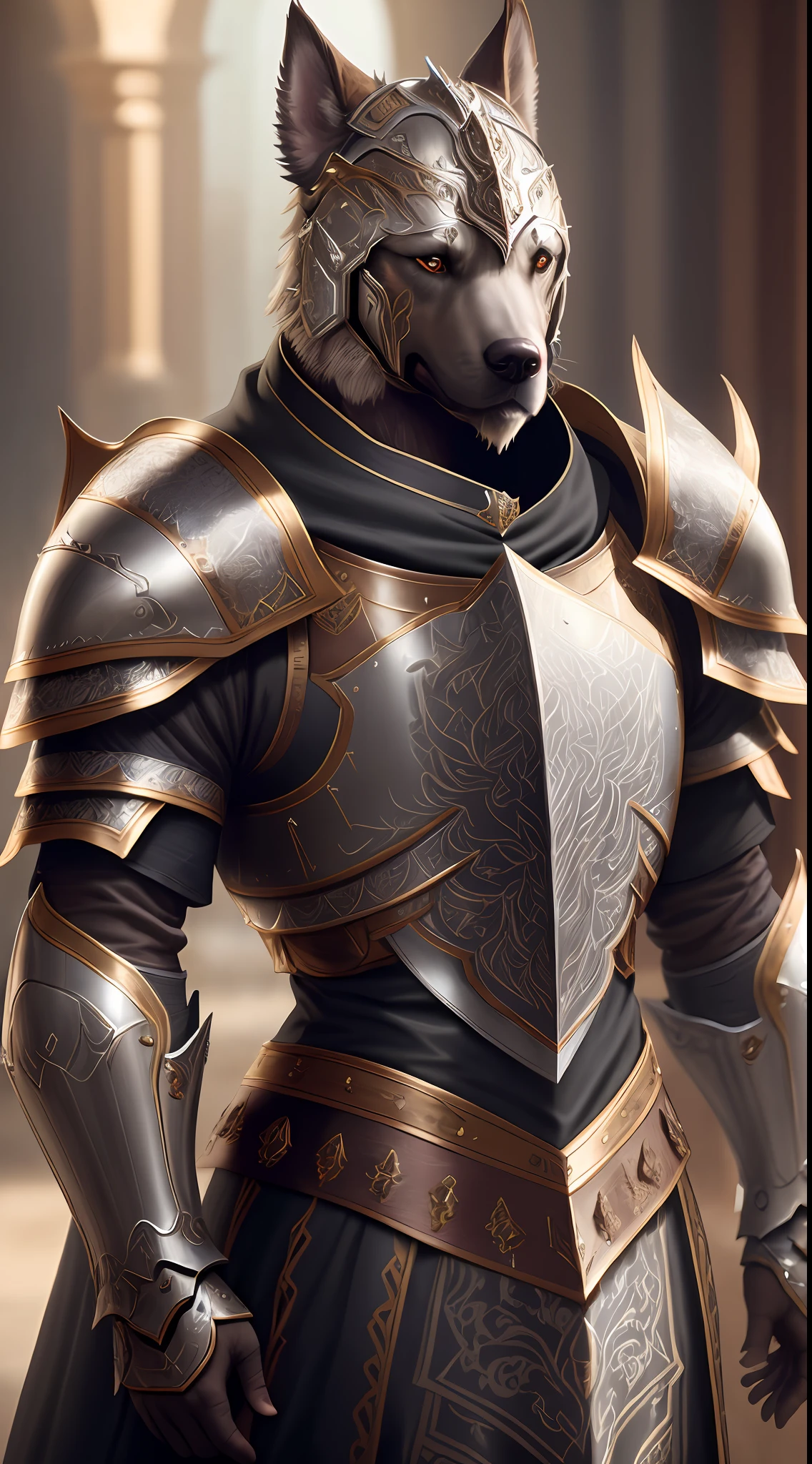 Anthropomorphic majestic dog knight, portrait, finely detailed armor, cinematic lighting, intricate filigree metal design, 4k, 8k, unreal engine, octane render, --ar 9:16 --testp --upbeta