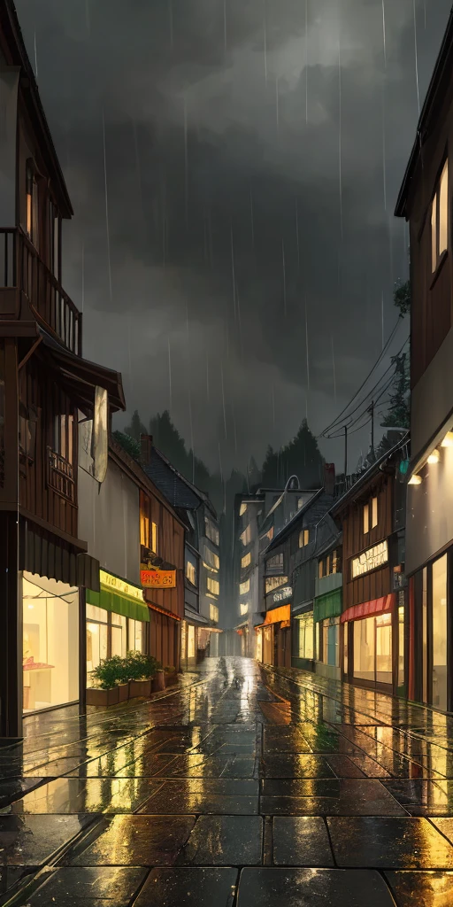 Masterpiece, best quality, (very detailed CG unity wallpaper) , a rainy day, a rain soaked narrow road, shops are open beside the two sides of the road, lights lit
