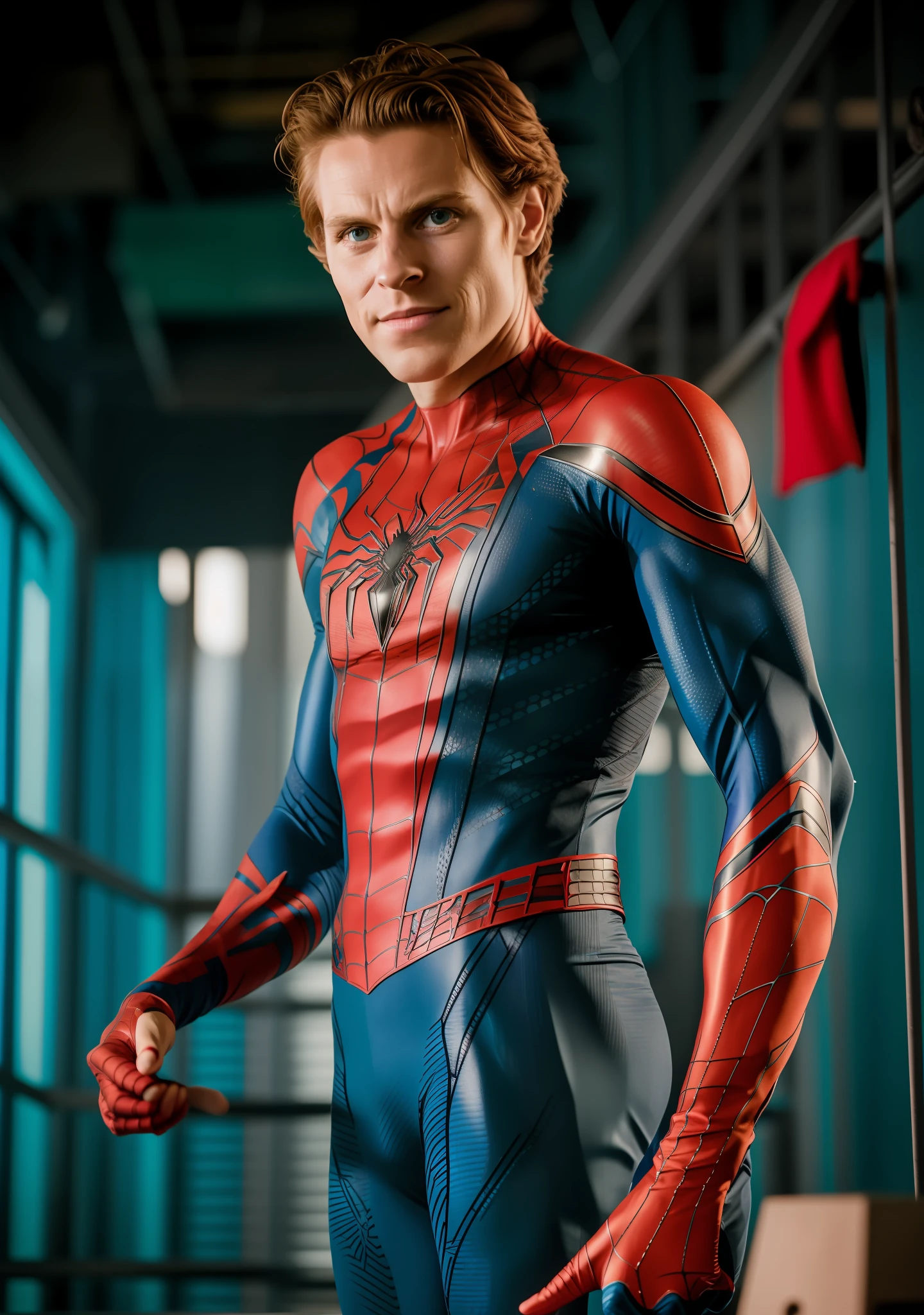 Vibrant photo, portrait photo of  willeda as spiderman, thin body, vascular arms, cenimatic lighting