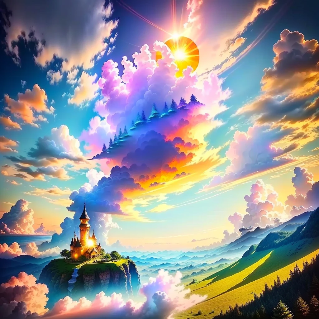(fantastic world), a world full of wonder and magic, where anything is possible. The colors are bright and vivid, with a playful and whimsical feel. (Fairy tale characters) dance and play in the lush (forest) with (fluffy clouds) floating overhead. The scene is bathed in (warm, golden light) emanating from a (glowing sun) on the horizon. The overall effect is dreamy and enchanted, inviting the viewer to step into this magical realm.