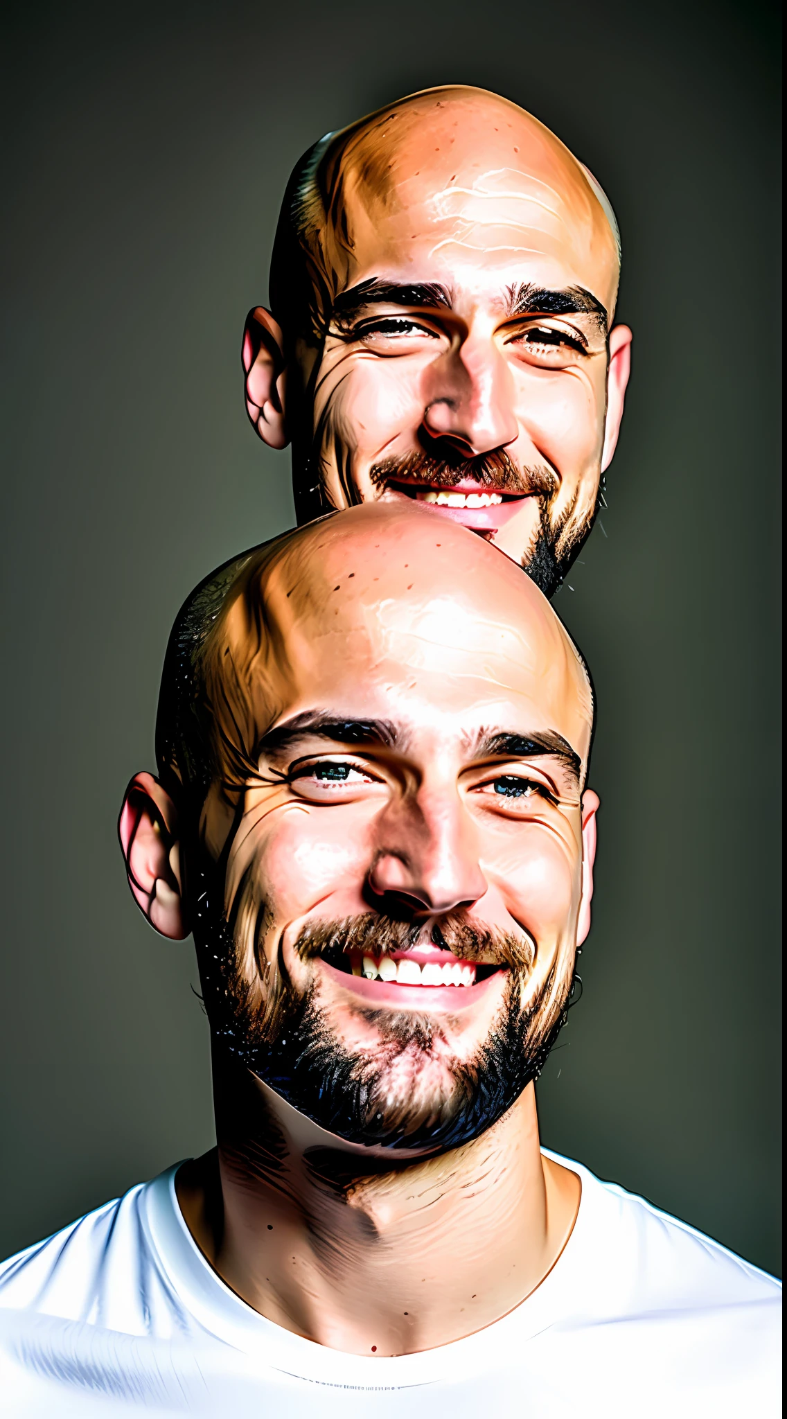 Best quality, realistic, award-winning illustration, (complicated detail: 1.2), (fine detail), (complicated detail), (cinematic lights, best quality), sharp lines, sharp focus, official art, 16k, on a white background, (A man with a smiling face: 1.3), a playful young boss, there is a man with a bald head and beard, (bald short-beard: 1.3), bald head and smiling look, no beard and mustache, about 35 years, (38 years), men of 45 years, without completely bald hair, (short goatee: 1.3), (face with fine details of wrinkles: 1.2), (details of the aged face: 1.2), (without beard: 1.3), pronounced masculine feature, flirting with the camera. wearing black apron uniform with green, wearing cap, black cap and green details, wearing jeans, man posing for a photo, holding a huge can of creamy dulce de leche, dulce de leche pouring, splattering dulce de leche, explosion dulce de leche, all-white background, headshot profile picture, posing for a photo.