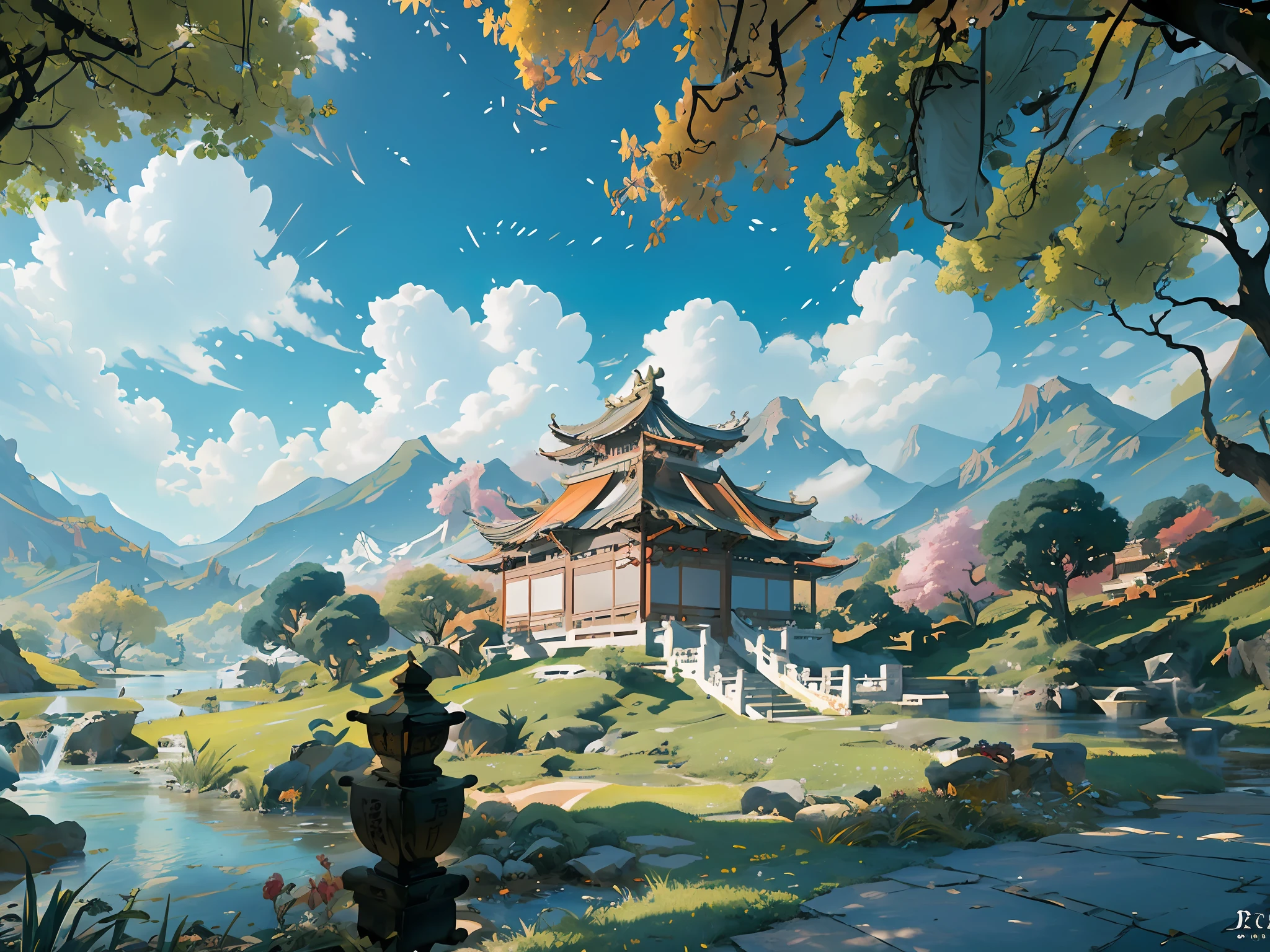 ( ( Top view, high angle view, Focal point composition) ) , Sunset Gradient, moonlit night, halo, beautiful light, beautiful play of shadow, light effects, Autumn, Ancient Chinese architecture, many raditional Chinese architecture on a floating island, there are many scattered buildings on the high mountain, ( huge Taoist incense burner, Sending out exquisite and beautiful magical effects) , waterfall cascading from the island, a vast sea of clouds, spectacular waterfalls, group of buildings, lanterns and sky lanterns floating in the air, high mountains, starry skies, soft color, refreshing, beautiful, Chinese landscape painting, cinematic lighting, high detail, (close-up), (chiaroscuro),fine facial details,cinematic lighting, (depth of field), UHD,--v6