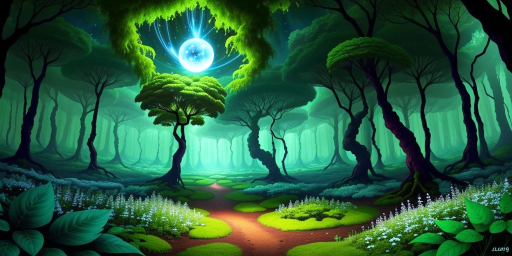 Photo of a forest with plants never seen before on earth, many of them are blossoming with large flowers, the sky is dark green and is iluminated by a tiny blue glowing sphere, High quality, super detail, 16k