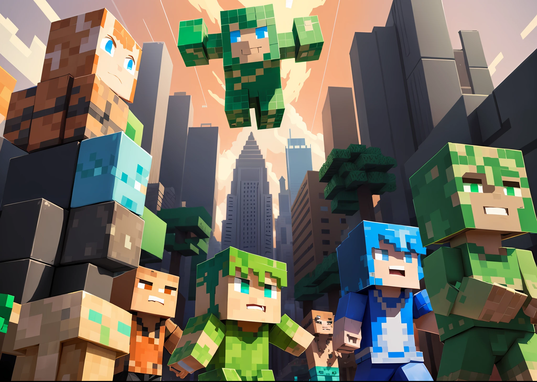 Minecraft art style, protagonist characters and alien blocks a group of monsters dogfight, characters various skills crazy monster beating, super special effects aperture, missile fly, detailed, fantasy, a lot of monsters are repelled, attack, professional artwork, epic battles, mobile game style, cartoon style, boss battles, blocky, bright colors, clean graphics,