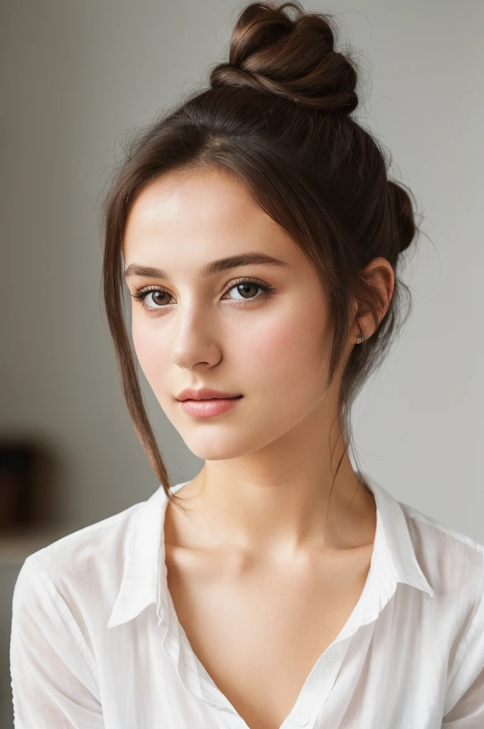 portrait, 20yo brunette german girl, sultry flirty look, wearing a white shirt, messy bun, 8k, best quality, masterpiece, (looking into camera:1.3), photograph, (beautiful)