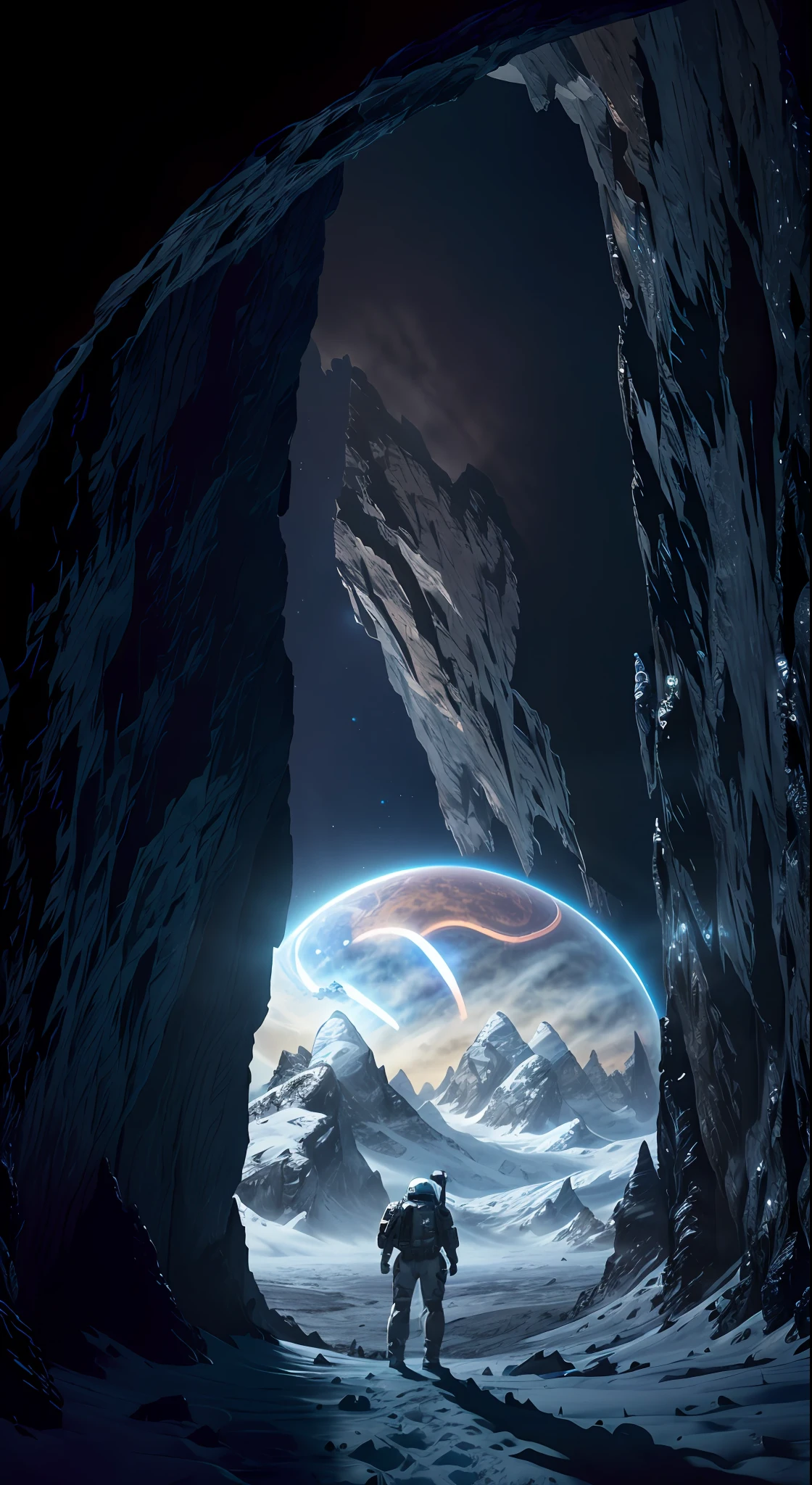 (35mm: 1.2), highly detailed color photo in RAW format, rear corner, full body (male space marine, dressed in a metal robo spacesuit, futuristic helmet, tinted face shield, rebreather, accentuated wide back), the planet is completely covered by icy cold (standing on the abyss of a high rocky mountain, looking at a dark icy landscape, and a dome is visible in the distance, on an alien planet), gloomy details, (alien planet), toned body, (Sci-Fi), (Mountains:1.1), (Ice Pillars), (Two Moons in the Sky:0.8), (High Detail, Hyper-Detailed, Intricate), (Lens Flare:0.7), Particle Effects, Ray Tracing, Cinematic Lighting, Shallow Depth of Field, Photographed on Sony a9 II, 35mm wide-angle lens, sharp focus, cinematic still from the 2013 film Gravity, rear view, dynamic angle