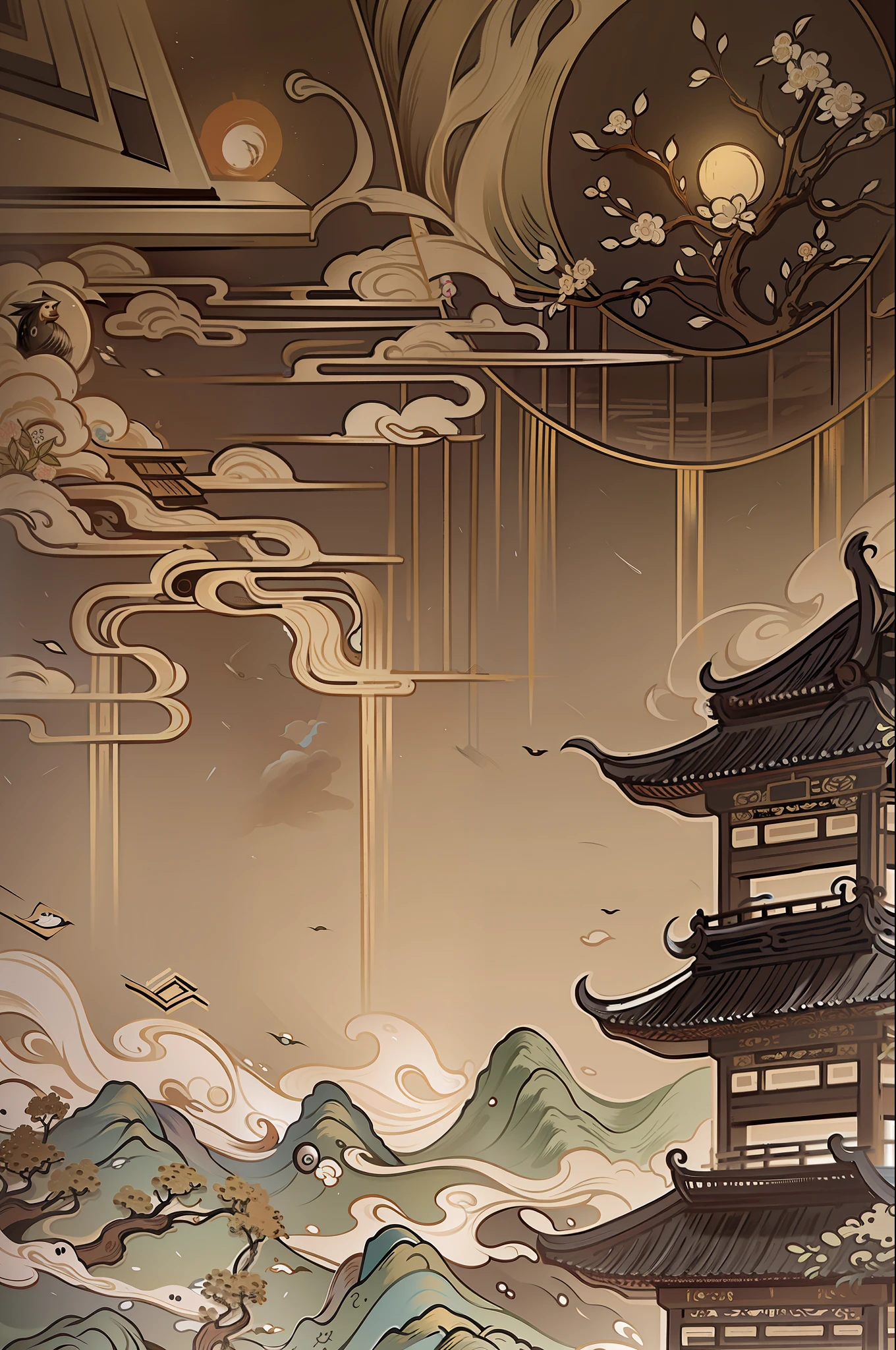 An old Chinese painting, old Chinese background, sunshine, masterpiece, super detail, epic composition, ultra HD, high quality, extremely detailed, official art, unified 8k wallpaper, Super detail, 32k -- v 6