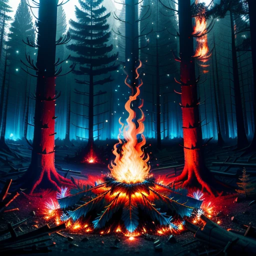 A flaming anthill in the shape of an electric blue pine gable, gloomy forest, dead trees, sparkling blue firefly, 4K, ultra-realistic