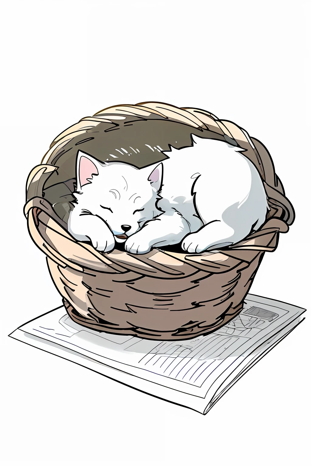 A cute  dog sleeping in a comfortable basket, coloring book for kids, black and white, white background, monocromatic, full page, on paper, line art high detailed, free lines, masterpiece, best quality.