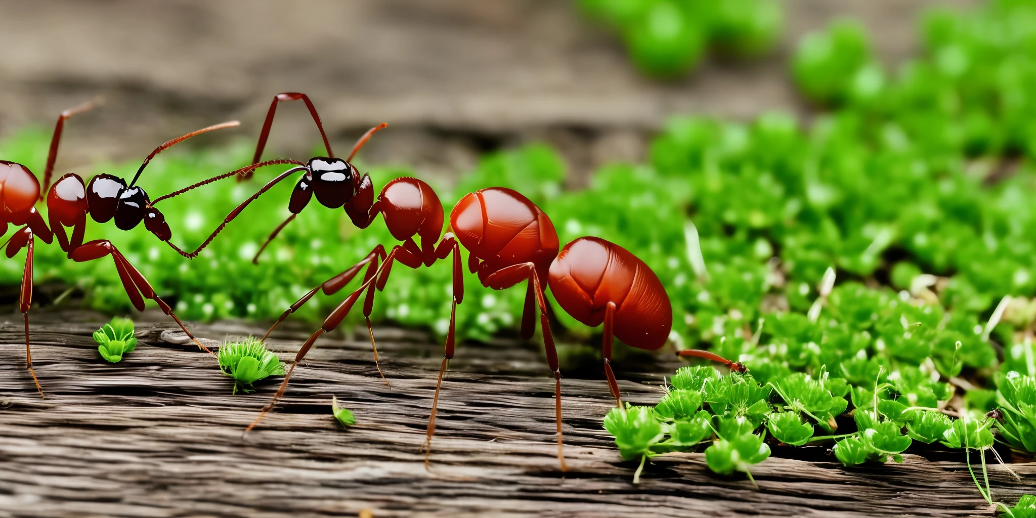 giant ants walking on wood and clover