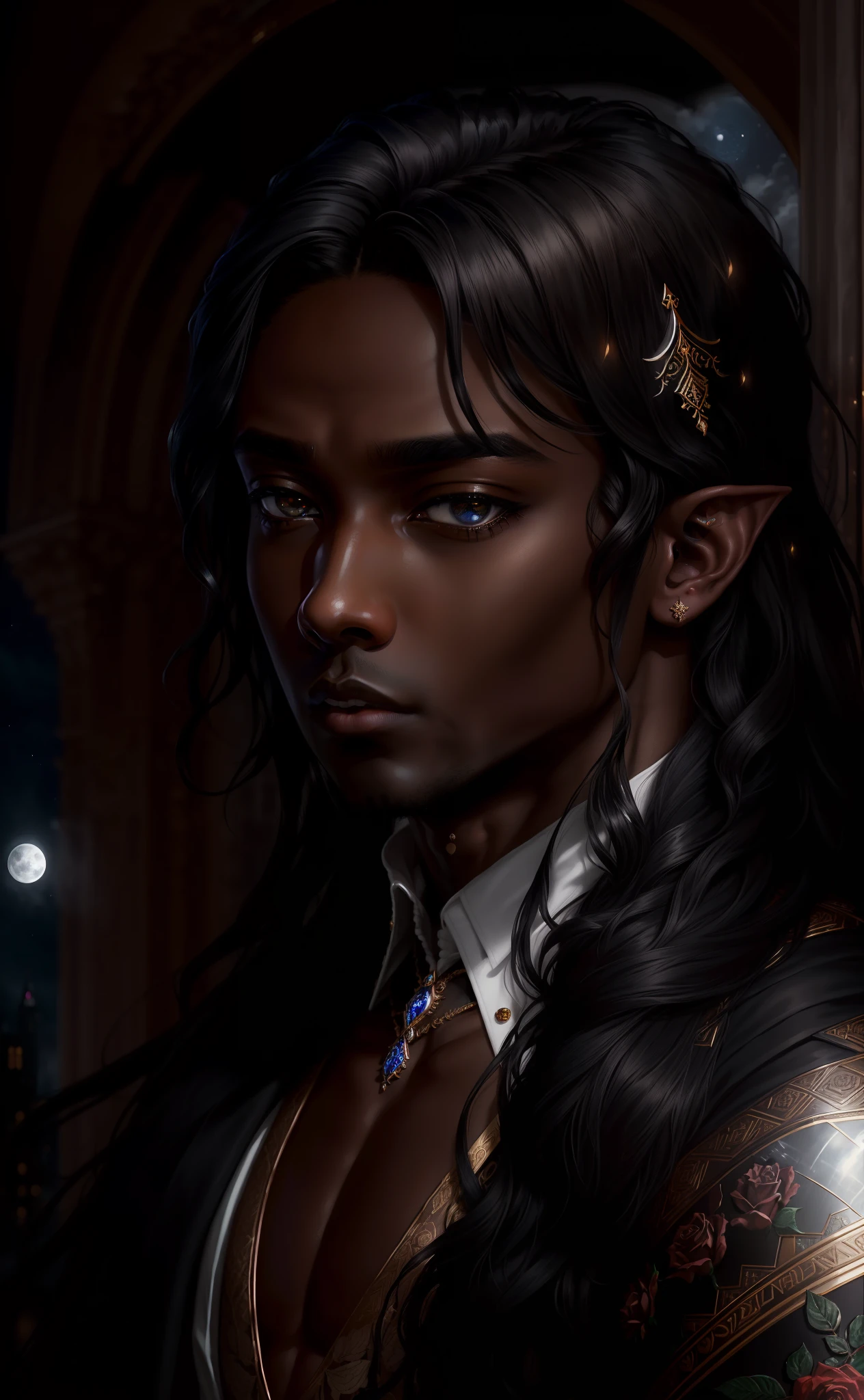 masterpiece, highest quality, (solo focus), (perfect face:1.1), (high detail:1.1), (hyper detailed eyes), dramatic, 1guy, (Dark skin), long black hair, individual focus, Elf, ethereal eyes, long hair, moon, night, white luxury suit, pouty lips, castle, detailed background, art by artgerm, cinematic lighting, roses, fashion
