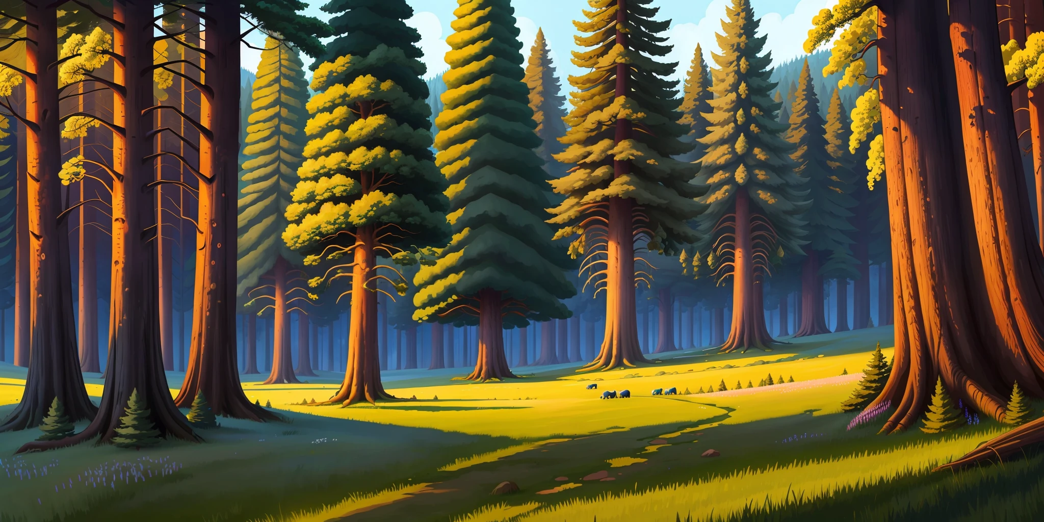 A meadow surrounded by tall trees, Cartoon, High quality, super detail, 16k